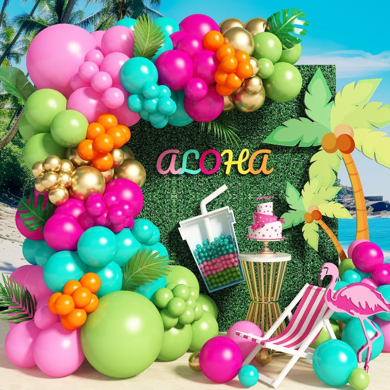 Paeyeq 138pcs Flamingo Tropical Luau Balloons Arch Garland Kit  Olive Green and Hot Pink Orange Gold Hawaiian Balloons for Kids Summer Beach Aloha Pool Birthday Baby Shower Party Decorations Supplies - Image 1